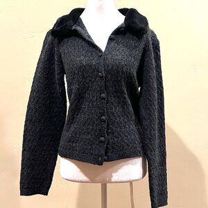 VINTAGE GAP CHARCOAL GREY WOOL CARDIGAN WITH FAUX FUR COLLAR MEDIUM